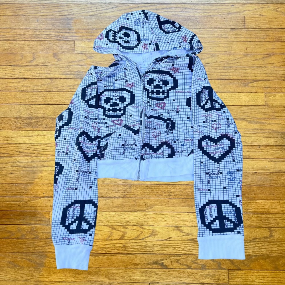 Y2K Pixel Skull Heart Peace Sign Cropped Zip Up Hoodie White Black Blue